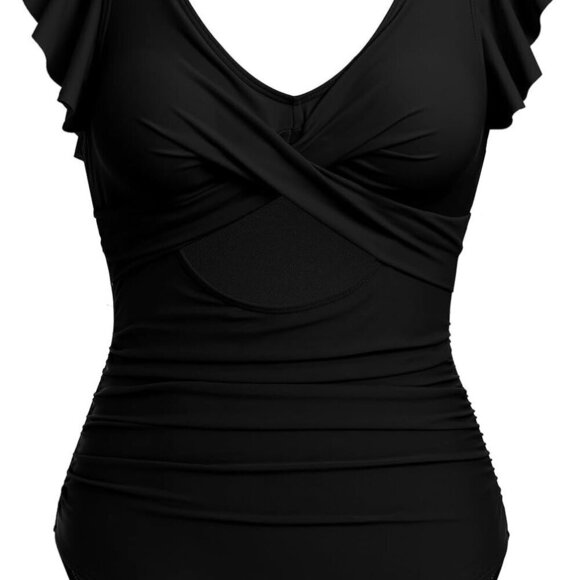 Women Cutout One Piece Swimsuit Ruffle Cross V-Neck Backless Tummy Control Vinta - Picture 2 of 5